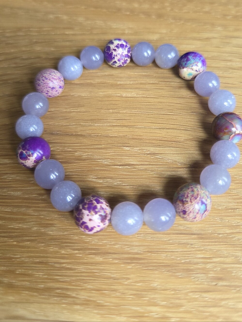 Hand Crafted Lavender Lepidolite and Sea Sediment Jasper Beads Stretch Bracelet - Picture 9 of 11